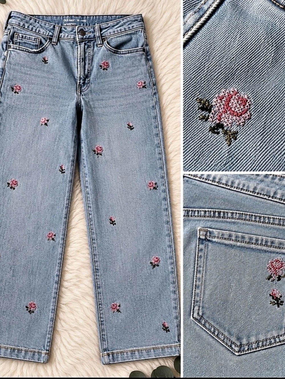 Old Navy OG Loose Floral Embroidered Jeans Blue Waist 10